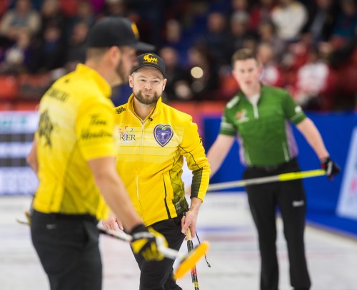 Chelsea Kemp/The Brandon Sun
Team Manitoba skip Mike McEwen is happy to be through to the championship pool at the Tim Hortons Brier at Westoba Place.