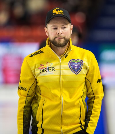 Team Manitoba skip Mike McEwen walks down the ice as he plays Team Canada at the Tim Hortons Brier at Westoba Place Thursday afternoon.