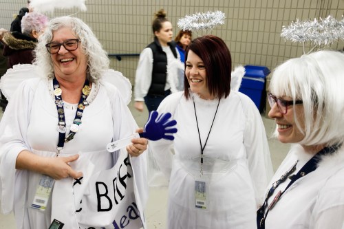 Brenda Chicoine, left, Carolyn Garnier and Dorothy Mosher arrive at the 2019 Tim Hortons Brier at Westoba Place Thursday afternoon. (Chelsea Kemp/The Brandon Sun)