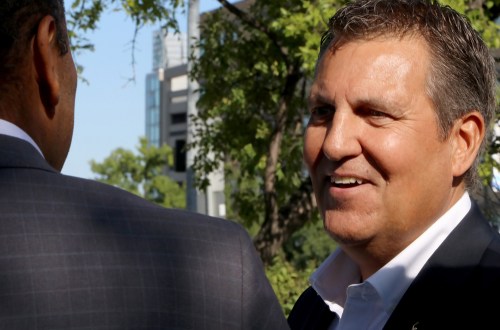 CP
Spruce Woods Progressive Conservative candidate Cliff Cullen speaks during an announcement outside the Health Sciences Centre in Winnipeg on Aug. 22. Cullen was re-elected on Tuesday and spent election night in Winnipeg. (File)