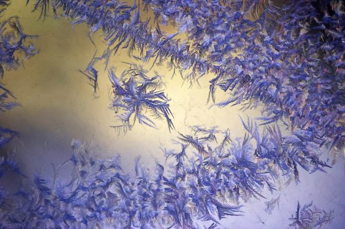 Patterns of frost that formed on my porch windows overnight on Monday are seen here against the light from the house next door. (Matt Goerzen/The Brandon Sun)