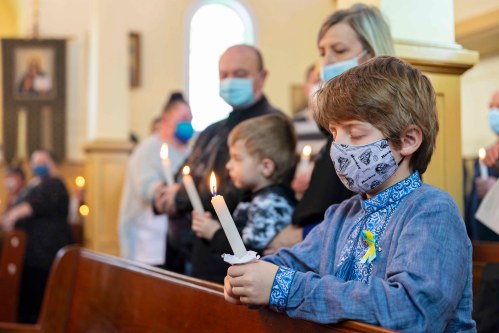 Victor Samotiy, 7, attends the Holy Ghost Ukrainian Orthodox Church prayer service in support of Ukraine Sunday. In response to the Russian invasion of the country the Ukrainian Orthodox Church of Canada has blessed all churches to be active centres of prayer and �havens for the storm-tossed� to provide solace to communities. (Chelsea Kemp/The Brandon Sun)