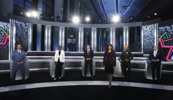 Moderator Shachi Kurl, President of the Angus Reid Institute, front, joins Bloc Quebecois Leader Yves-Francois Blanchet, back left to right, Green Party Leader Annamie Paul, Liberal Leader Justin Trudeau, NDP Leader Jagmeet Singh, and Conservative Leader Erin O'Toole pose for an official photo before the federal election English-language Leaders debate in Gatineau, Que., on Thursday, Sept. 9, 2021. THE CANADIAN PRESS/Sean Kilpatrick