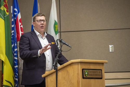 Premier Scott Moe speaks during a media event, on the University of Saskatchewan campus in Saskatoon, Tuesday, June 28, 2022. The premier has touted Saskatchewan’s economic prosperity and role in global energy and food security in a speech to business leaders in Saskatoon.THE CANADIAN PRESS/Liam Richards