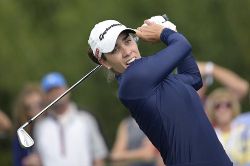 Maria Fassi, of Mexico, reacts to her tee shot on the third hole during the final round of the LPGA Pelican Women's Championship golf tournament at Pelican Golf Club, Sunday, Nov. 13, 2022, in Belleair, Fla. (AP Photo/Phelan M. Ebenhack)