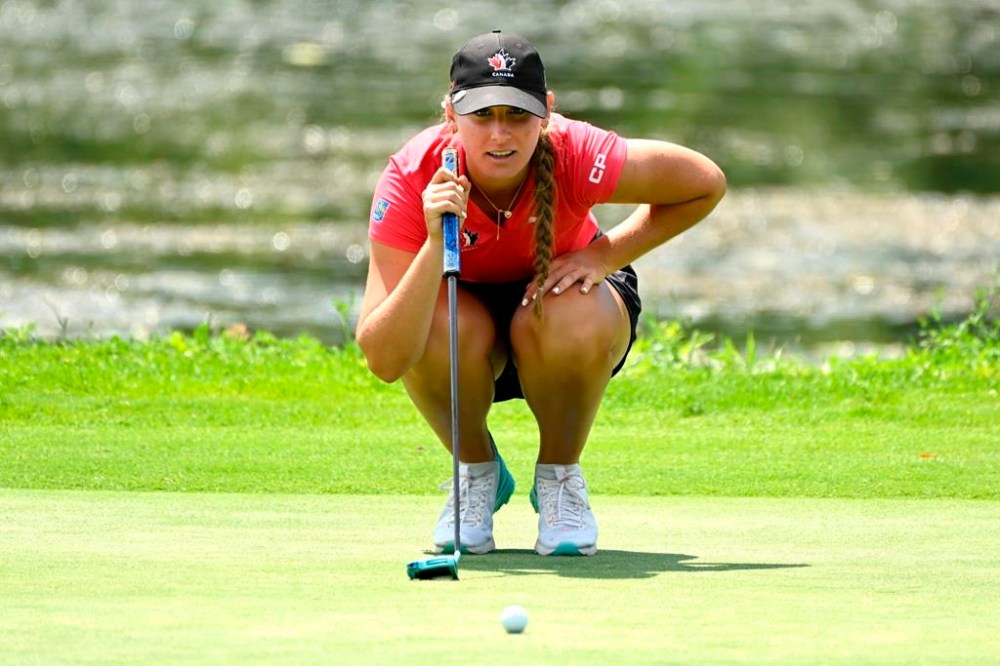 Canadian golfer Brooke Rivers lines up a putt during a tournament in Bromont, Que., June 29, 2022. Rivers has signed on with Wake Forest to start her NCAA career.THE CANADIAN PRESS/HO-Bernard Brault/PGA of Canada **MANDATORY CREDIT**