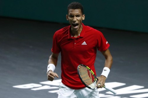 Canada's Felix Auger Aliassime reacts as he plays Australia's Alex de Minaur during the final Davis Cup tennis match between Australia and Canada in Malaga, Spain, Sunday, Nov. 27, 2022. THE CANADIAN PRESS/AP-Joan Monfort