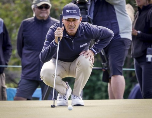 Mike Weir lines up a putt on the 13th green during the PGA Tour Champion's Shaw Charity Classic golf event in Calgary, Alta., Friday, Aug. 5, 2022. Weir will be the first Canadian to ever captain a Presidents Cup team. THE CANADIAN PRESS/Jeff McIntosh