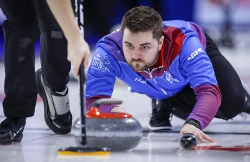 Team Wild Card Two skip Matt Dunstone makes a shot while playing Team Saskatchewan at the Tim Hortons Brier in Lethbridge, Alta., Thursday, March 10, 2022. A strong start to the season has launched the new-look Matt Dunstone team past the rest of the Canadian competition on the world men’s curling rankings list. THE CANADIAN PRESS/Jeff McIntosh