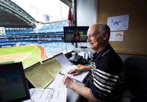 Toronto Blue Jays broadcaster Jerry Howarth overlooks the field from his broadcast booth before the Toronto Blue Jays play against the Chicago White Sox during first inning AL baseball action in Toronto on June 17, 2017. THE CANADIAN PRESS/Nathan Denette