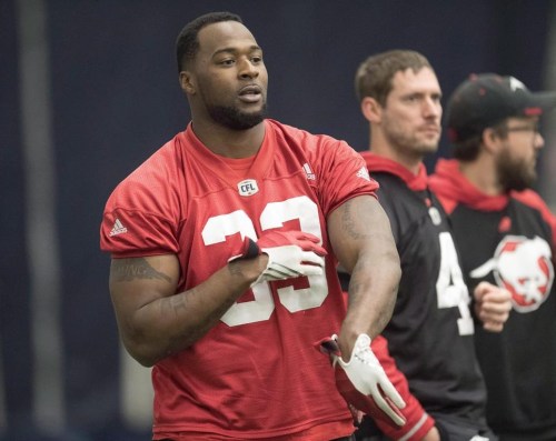 Jerome Messam is shown at practice for the 104th Grey Cup in Toronto on Nov. 25, 2016. The former running back with the Calgary Stampeders, who filmed a sexual encounter with a woman without her permission, will have a criminal record as a result of an 18-month suspended sentence.THE CANADIAN PRESS/Frank Gunn