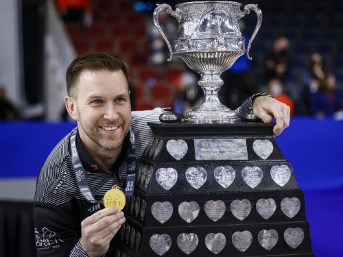 Team Wild Card One skip Brad Gushue celebrates his victory over Team Alberta at the Tim Hortons Brier in Lethbridge, Alta., Sunday, March 13, 2022. The Canadian men's curling championship is returning to Regina.
Curling Canada announced Tuesday that the 2024 Brier will take place March 1-10 at the Brandt Centre.THE CANADIAN PRESS/Jeff McIntosh