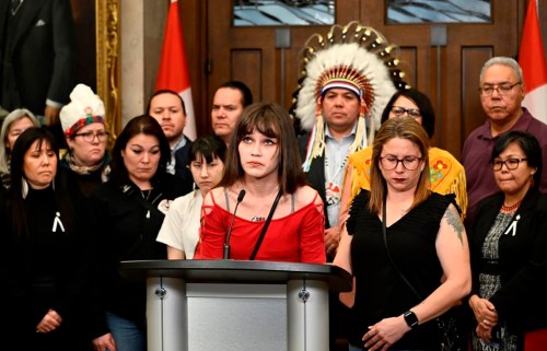 Cambria Harris, daughter of Morgan Harris, speaks during a news conference calling on the federal government to take action to end violence against Indigenous women, girls and two-spirit people, in the Foyer of the House of Commons on Parliament Hill in Ottawa, on Tuesday, Dec. 6, 2022. Police identified Morgan Harris as one of four women killed by an alleged serial killer in Winnipeg, but her body has not yet been found. THE CANADIAN PRESS/Justin Tang