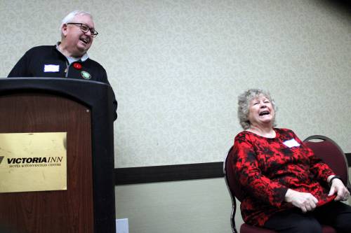 Patti Hacault shares a laugh with Ross Tycoles during the Manitoba Baseball Hall of Fame 2023 induction class press conference at the Victoria Inn in Brandon on Tuesday morning. (Lucas Punkari/The Brandon Sun)