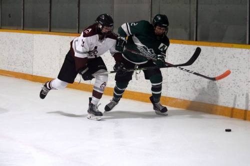 Forward Madison Haliuk of the Assiniboine Community College Cougars, left, lifts the stick of Dakota College at Bottineau Ladyjacks blue-liner Eliyah Raine on Sunday morning at the Sportsplex. (Lucas Punkari/The Brandon Sun)