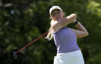 Maddie Szeryk, of Canada, watches her drive on the 2nd hole during the third round action at the CP Women’s Open, Saturday, August 27, 2022 in Ottawa. THE CANADIAN PRESS/Adrian Wyld