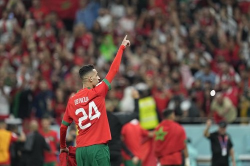 Morocco's Badr Benoun celebrates the World Cup quarterfinal soccer match between Morocco and Portugal, at Al Thumama Stadium in Doha, Qatar, Saturday, Dec. 10, 2022. THE CANADIAN PRESS/AP-Ebrahim Noroozi