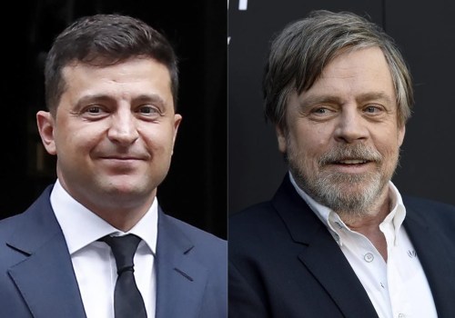 This combination of photos shows Ukraine President Volodymyr Zelensky after a meeting with Britain's Prime Minister Boris Johnson, in London on Oct. 8, 2020, left, and actor Mark Hamill at the premiere of the film Child's Play