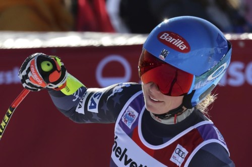 United States' Mikaela Shiffrin reacts after crossing the finish line to complete an alpine ski, women's World Cup Super-G race, in St. Moritz, Switzerland, Sunday, Dec. 18, 2022. (AP Photo/Marco Trovati)