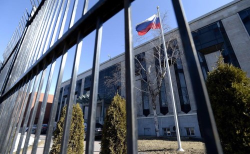 The flag flies outside the embassy of the Russian Federation to Canada in Ottawa on Monday, March 26, 2018. Russia's ambassador to Canada, Oleg Stepanov, says Ottawa is at the vanguard of a social-media effort that it argues is meant to demoralize Russian soldiers.THE CANADIAN PRESS/Justin Tang