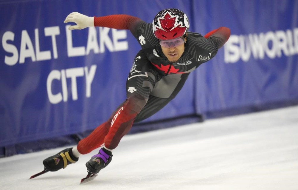 Jordan Pierre-Gilles, of Canada, skates during the men's 5,000 metre relay at a World Cup short track speedskating event Sunday, Nov. 6, 2022, in Kearns, Utah. The national men's relay team won gold for the third straight competition to lead Canada to a three-medal performance Sunday at a short-track speedskating World Cup. THE CANADIAN PRESS/AP/Rick Bowmer