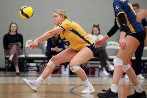 Laura Ramsey of the Brandon Bobcats bumps the ball during Canada West volleyball action against the Winnipeg Wesmen at the Healthy Living Centre on Friday evening. (Photos by Tim Smith/The Brandon Sun)