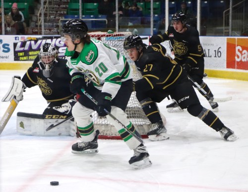 Prince Albert Raiders Keaton Sorensen skates with the puck behind Brandon Wheat Kings goaltender Carson Bjarnason's net while Luke Shipley (27) gives chase during their Western Hockey League game in Prince Albert on Wednesday. (Nathan Reiter/Prince Albert Daily Herald)