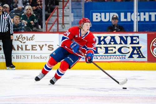 Berkly Catton has recorded 21 points in 28 Western Hockey League regular season games since being picked first overall by the Spokane Chiefs in the 2021 draft. (Photo courtesy Larry Brunt/Spokane Chiefs)