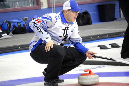 Steve Irwin gives orders to his sweepers during a game at the Brandon Curling Club last season. (Lucas Punkari/The Brandon Sun)