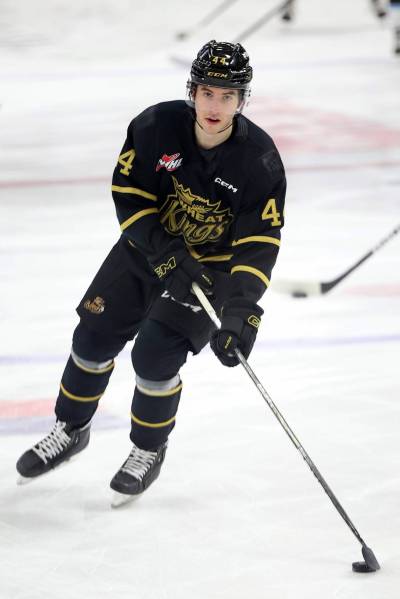 Russian defenceman Andrei Malyavin (44) of the Brandon Wheat Kings warms up on March 24 prior to the team’s last home game of the season against the Winnipeg Ice at Westoba Place. He was happy with his first season in the Western Hockey League. (Tim Smith/The Brandon Sun)