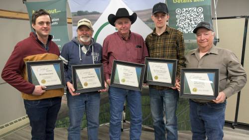 The winners of Ducks Unlimited’s forage program for the 2024 growing year, for best results in establishing a forage plot that can support wildlife. The five farms are: Bill and Nina Cowan; Greg and Pam Wesley; Bridgeman Land & Livestock; Ekford Ranch; and Blaine, Hilary and Van Damme Family. (Submitted)