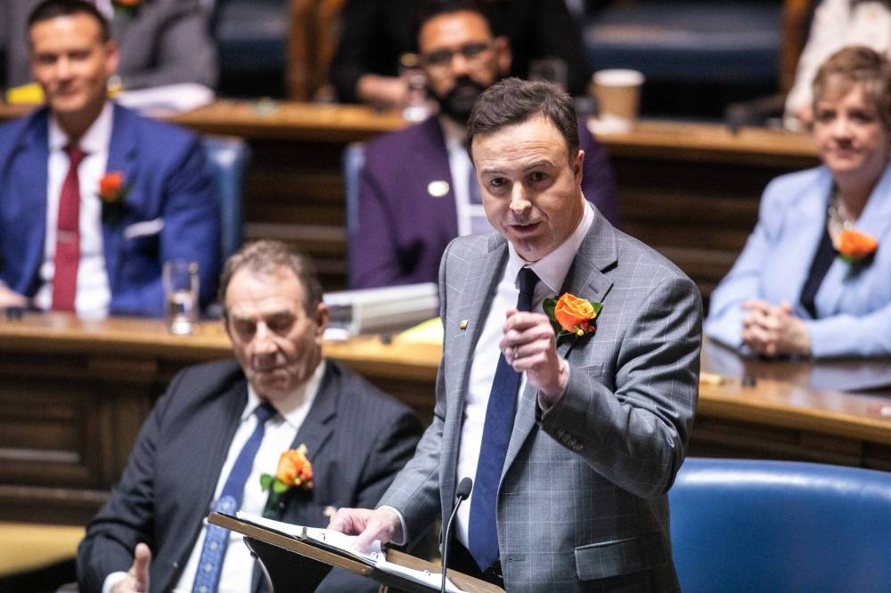 MIKAELA MACKENZIE / FREE PRESS Finance minister Adrien Sala reads the budget speech in the legislative chamber at the Manitoba Legislative Building on Thursday, March 20, 2025. For budget stories. Winnipeg Free Press 2025