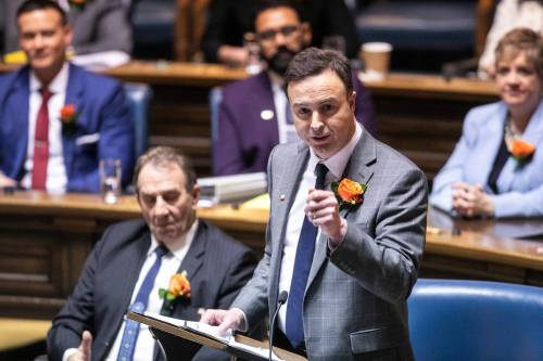 MIKAELA MACKENZIE / FREE PRESS 	 Finance minister Adrien Sala reads the budget speech in the legislative chamber at the Manitoba Legislative Building on Thursday, March 20, 2025. For budget stories. Winnipeg Free Press 2025