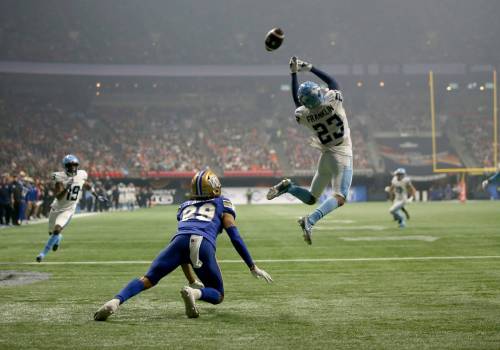 Toronto Argonauts’ Benjie Franklin (23) nearly intercepts a pass intended for Winnipeg Blue Bombers’ Kenny Lawler (89) during Grey Cup 111 in Vancouver, B.C., Sunday, November 17, 2024. (TREVOR HAGAN / WINNIPEG FREE PRESS)