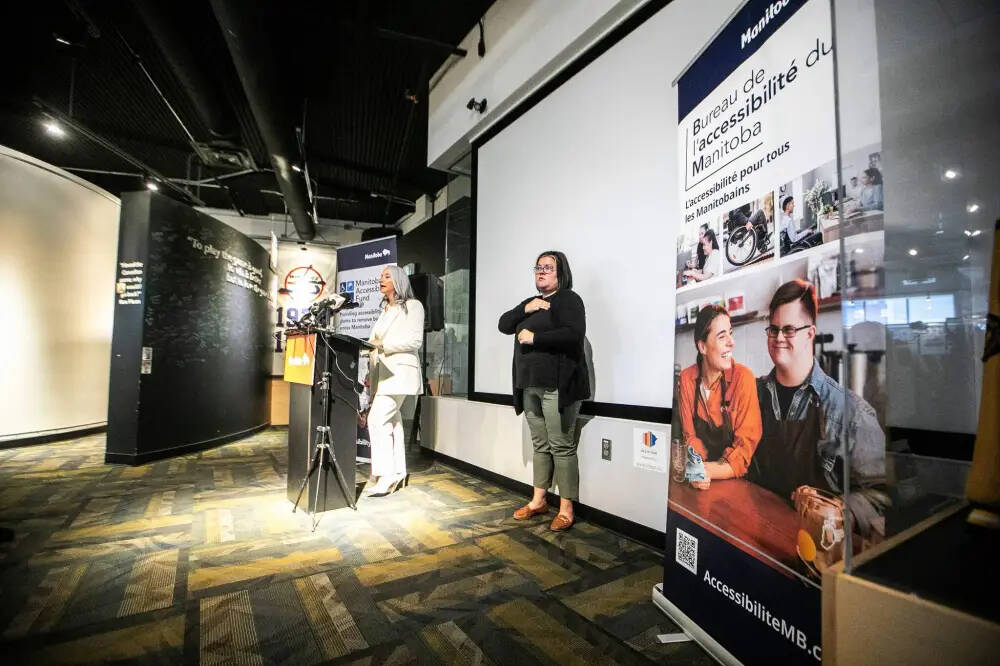 Families Minister Nahanni Fontaine announces the 2025-26 Manitoba Accessibility Fund recipients at Sport Manitoba Wednesday. (Mikaela MacKenzie/Winnipeg Free Press)