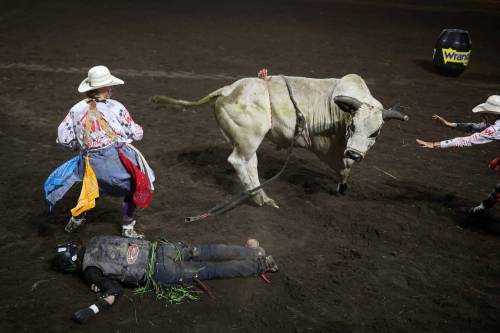 Rodeo protection athletes, also known as bullfighters, protect an injured Jaden Ozirney of Grenfell, Sask., from a bull after a hard fall during the bull-riding event at the opening of the Manitoba Threshermen’s Reunion and Stampede rodeo in Austin on Thursday evening. Ozirney was stepped on by the bull immediately after his fall and broke his arm. (Tim Smith/The Brandon Sun)