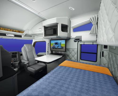 Many long-haul trucks are equipped with comfortable sleeper berths that come complete with a bed, a pullout table, blackout curtains, storage cabinets and a small closet for personal items. (Newspaper Toolbox)