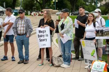 A rally to oppose North Dakota mega-dairies that could threaten the Red River Watershed was held outside the Manitoba Legislative Building in Winnipeg on Aug. 21. (Brook Jones/Winnipeg Free Press files)