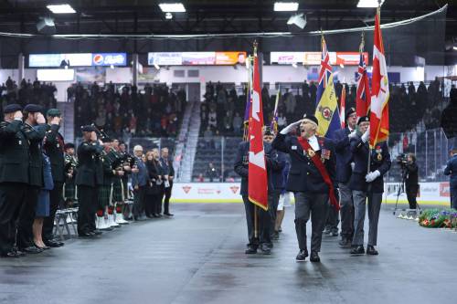 Sergeant-at-arms Bob Patryluk salutes the audience as he marches off the Colour Party during last year&rsquo;s Remembrance Day ceremony at the Keystone Centre. This year&rsquo;s ceremony takes place on Tuesday morning at Assiniboine Credit Union Place. (Matt Goerzen/The Brandon Sun files)