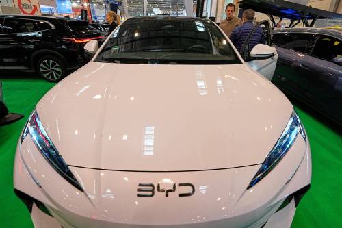 A BYD electric car is shown on display at the Essen Motor Show in Essen, Germany, in December 2025. (The Associated Press files)
