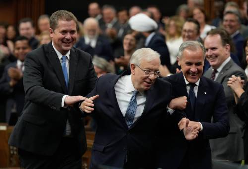 Prime Minister Mark Carney (right) and Conservative House leader Andrew Scheer walk Lac-Saint-Louis MP Francis Scarpaleggia to the Speaker&rsquo;s chair after he was elected as Speaker of the House of Commons in May. Depending on what happens in upcoming byelections, Scarpaleggia may be in a tricky spot. (The Canadian Press files)