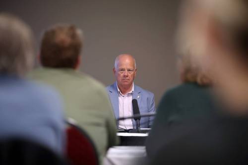 Riding Mountain Progressive Conservative MLA Greg Nesbitt listens to a speaker during the Manitoba government&rsquo;s all-party committee on local journalism at the committee&rsquo;s Brandon consultation at the Keystone Centre in July 2025. (Tim Smith/The Brandon Sun files)