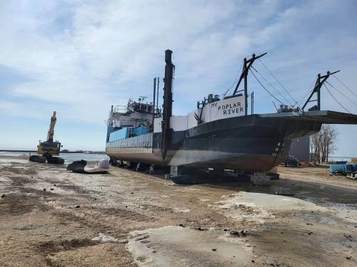 Poplar River First Nation is concerned the divestment will end the community&rsquo;s use of the MV Poplar River barge, owned by the Freshwater Fish Marketing Corp. (Supplied)