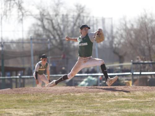Neelin pitcher Sebastien Shakotko (18) delivers a throw during Prairie West High School Baseball League action against the Vincent Massey Vikings at Andrews Field on Sunday afternoon. (Massimo De Luca-Taronno/The Brandon Sun)