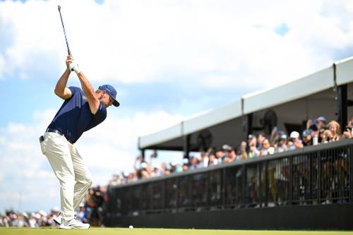 Captain Bryson DeChambeau, of Crushers GC, hits from the ninth tee during the final round of the LIV Golf Virginia golf tournament at Trump National Golf Club, Sunday, May 10, 2026, in Sterling, Va. (Charles Laberge/LIV Golf via AP)