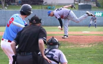 Oak River Dodgers pitcher Anthony Friesen delivers a pitch to Brandon Cardinals hitter Brady Nault during South West Baseball League action on Sunday afternoon at Andrews Field. (Perry Bergson/The Brandon Sun)
                                May 24, 2026