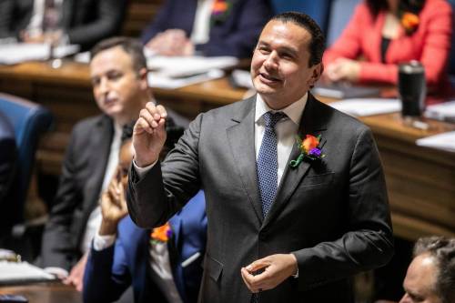 Premier Wab Kinew speaks in the legislative chamber on budget day on March 24. (Mikaela MacKenzie/Winnipeg Free Press files)