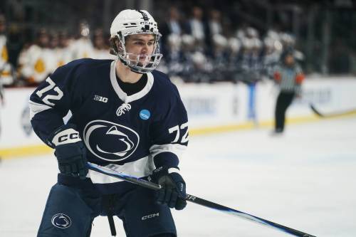 Penn State forward Gavin McKenna (72) during an NCAA hockey regional game against Minnesota Duluth on March 27,in Albany, N.Y. While the NHL draft can bring surprises, Bruce Penton figures McKenna, as expected, will go to the Toronto Maple Leafs as the No. 1 pick this year. (The Associated Press)