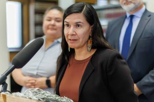 Associate Chief Judge of Reconciliation Jerilee Ryle speaks during the announcement of her appointment at a press conference in the Grand Law Library in Winnipeg on Friday. Ryle will work with the province&rsquo;s Indigenous communities to develop a court system that better reflects Indigenous traditions, values and experiences. (Mike Deal/Winnipeg Free Press)