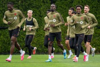 ETHAN CAIRNS / THE CANADIAN PRESS
                                Just eight of the World Cup&rsquo;s 48 teams entirely native-born. From left: Brampton&rsquo;s Promise David, Nigerian-born, Mississauga product Tani Oluwaseyi, Toronto product Ali Ahmed and Langley, B.C., product Joel Waterman practise at Team Canada&rsquo;s Friday camp.